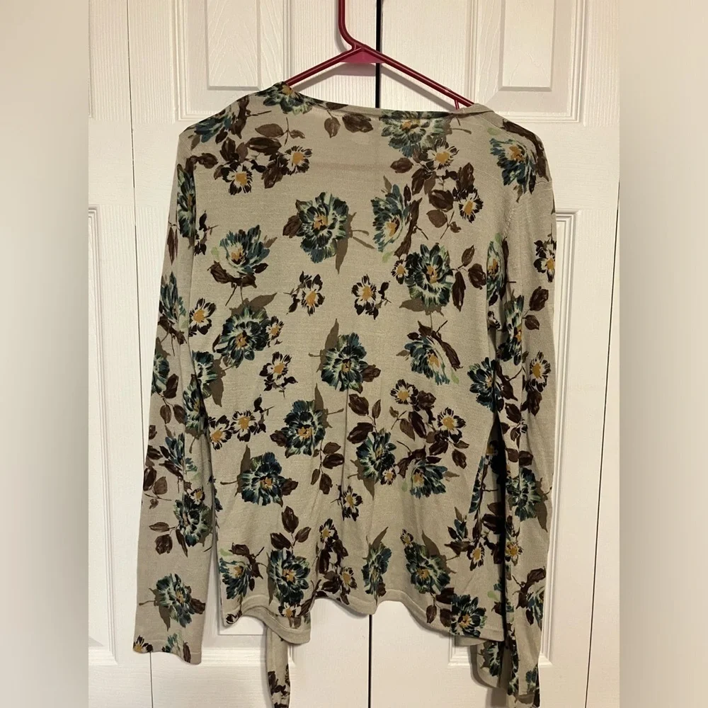 Garnet Hill‎ 100% Merino Wool Cardigan Sweater Size S Taupe Floral Open Front